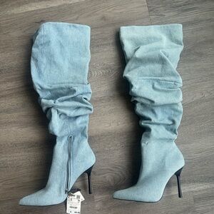 Zara Denim Blue Slouchy Knee-High Boots